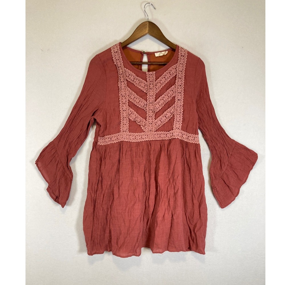Boho Entro Womens Large Terracotta Crochet Lace Bell Sleeve Babydoll Tunic D8615
